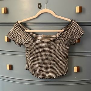 Black and White Check Ruched Off the Shoulder Short Sleeve Crop Urban Outfitters